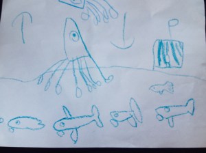 The squid battling the sharks